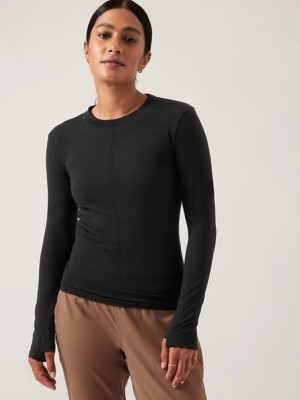 Athleta XS Ascent Seamless Top, Black Wool Base-Layer Top Shirt Hiking NWT