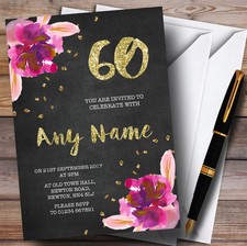 Chalk Gold Confetti Pink Flowers 60th Personalised Birthday Party Invitations