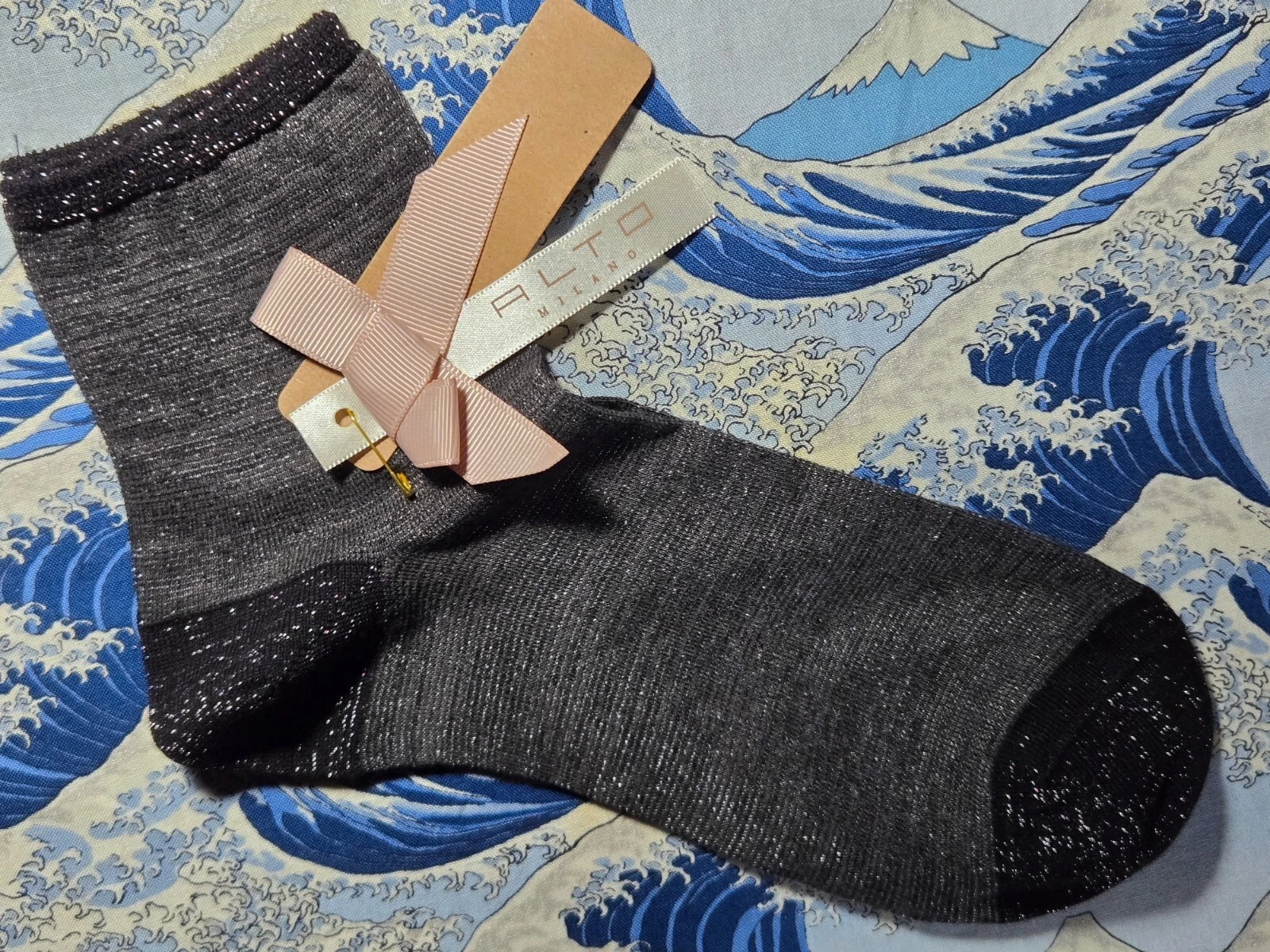 Alto Milano Womens Cotton Short Socks Fine Lurex Stripe Black 1-Size UK3-7 36-41