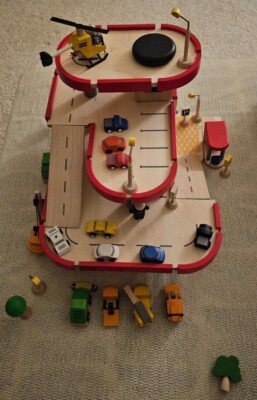Plan Toys parking garage plus accessories, wooden toy, cars