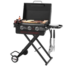 Royal Gourmet Portable 3-Burner Gas Griddle with Collapsible Stand/Side Shelf