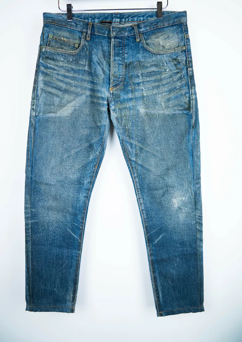 DIOR HOMME Blue Wax Denim Jeans Skinny Slim 32 33 34 Strip Luster RARE