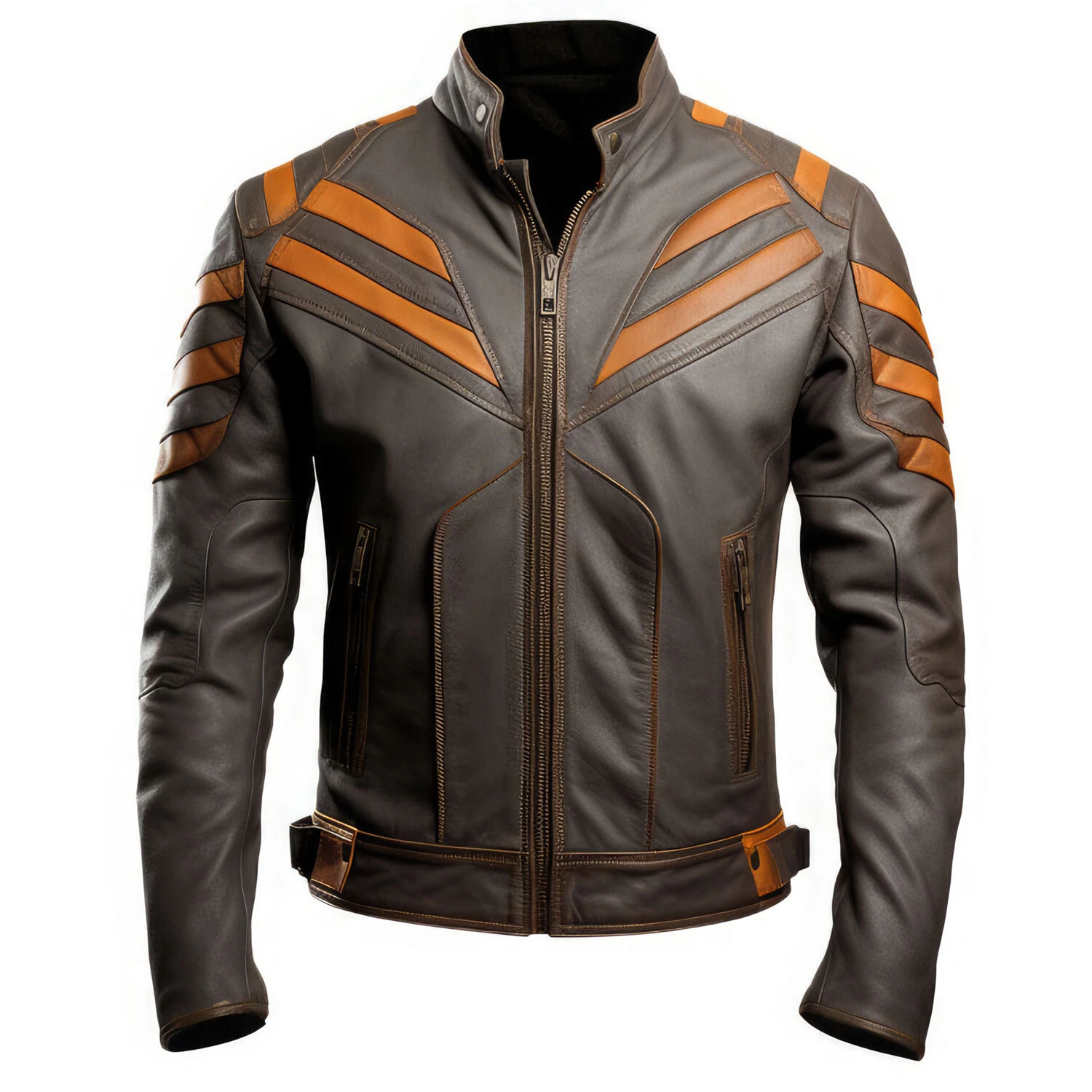 Men’s Dark Brown Classic Cafe Racer Orange Stripes Sheepskin Leather Jacket