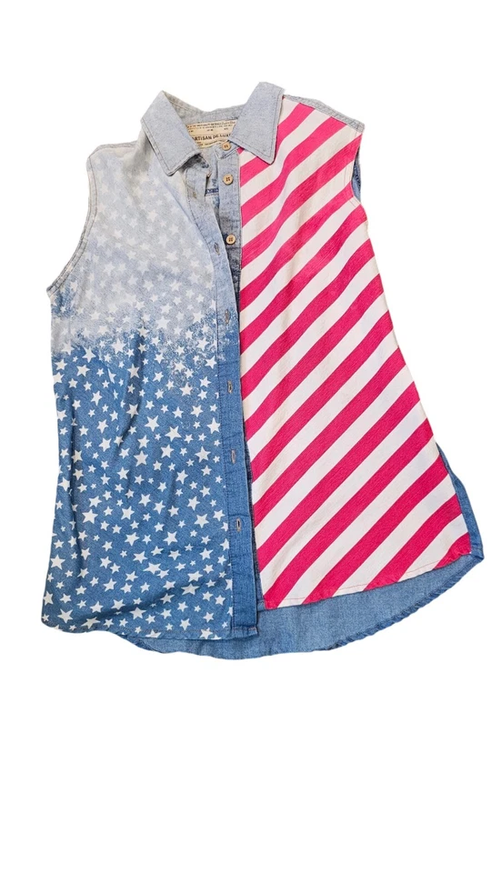 Chaleco vaquero desgastado bandera americana artesanal de lujo para mujer talla M? Azul Foto 2 de 4