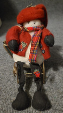 Vintage Stuffed Snowman 90's Era Wooden Sled  Metal Sleigh Flannel Scarf