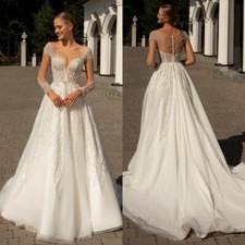Elegant A-Line Wedding Dress O-Neck Long Sleeves Lace Sequins Beaded Bridal Gown