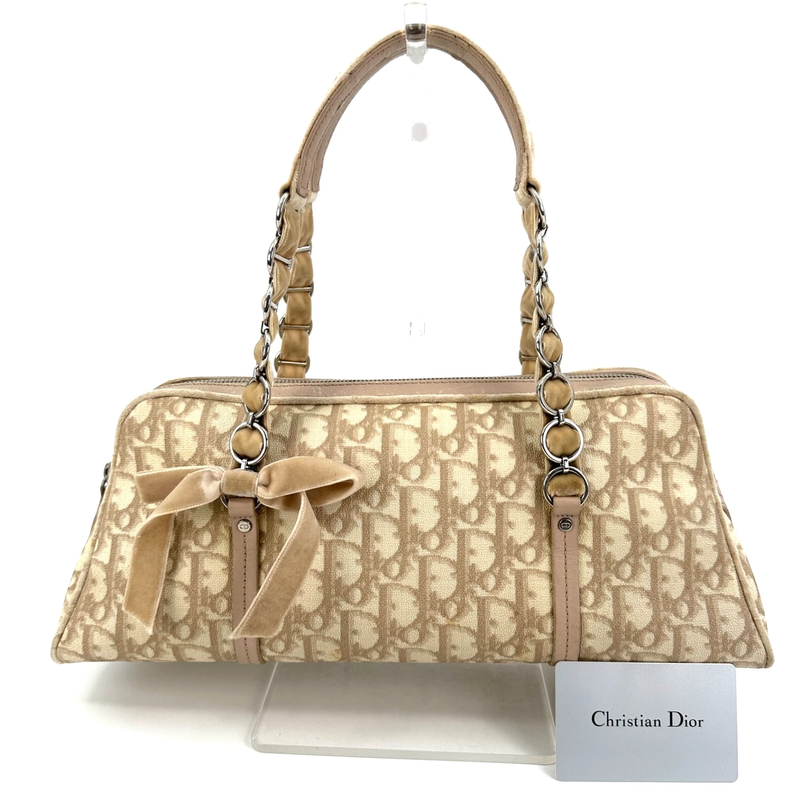 DIOR Sac à Main Trotteur Romantique Ruban PVC Cuir Chaîne Épaule Beige Authentique
