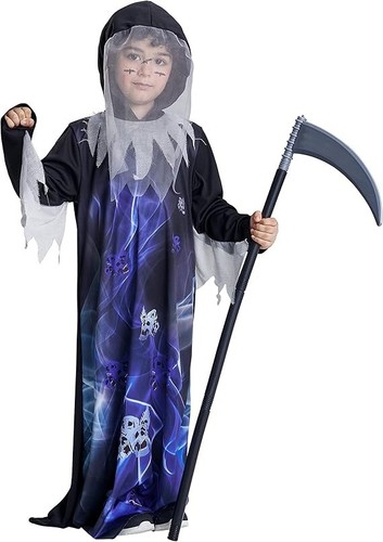 Soul Taker Kinder Horror grimmiger Sensensenmann Kostüm Kapuzenbody mit Spielzeug Sense 4-6Y