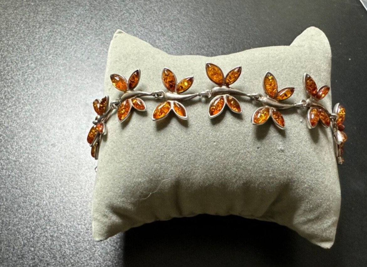 925 Solid Sterling Silver Link Bracelet Amber But… - image 6