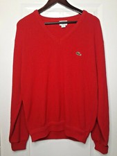 Vintage Izod Lacoste Mens Red Knit V-Neck Sweater Acrylic Pullover USA MADE Sz L