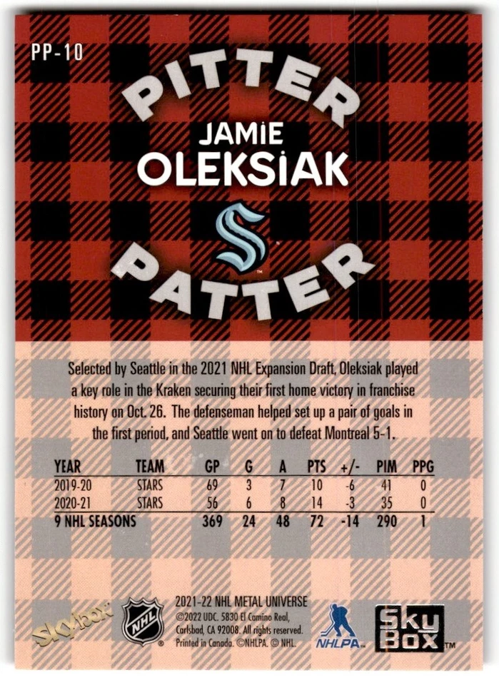 2021-22 Skybox Metal Universe Pitter Patter Jamie Oleksiak #PP-10 Seattle Kraken - Image 2 of 2