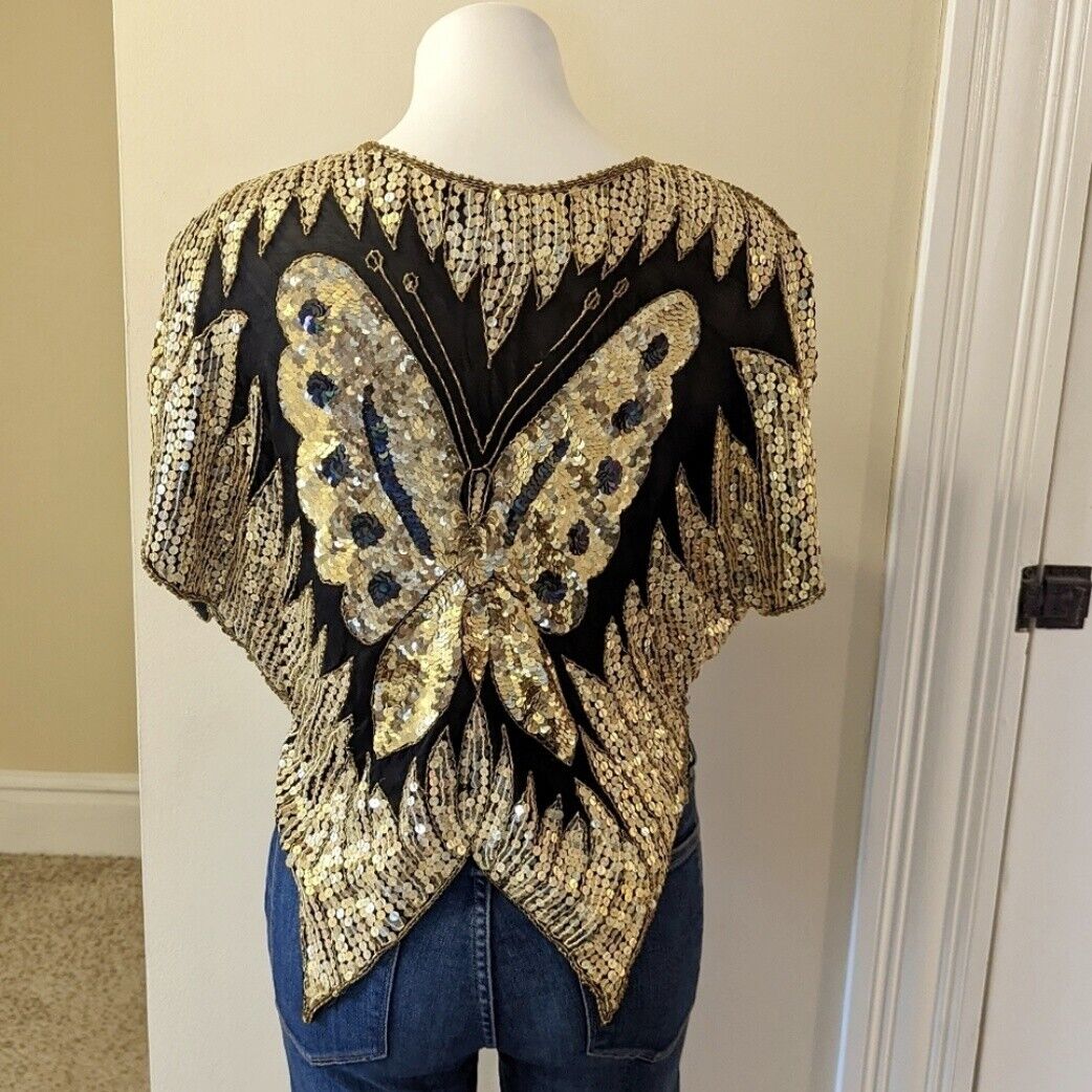 Vintage Exclusive black and gold sequin butterfly… - image 3