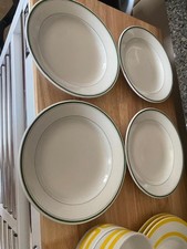 Pillivuyt Porcelain France 4 White Rimmed Bowls w green trim 8 7/8 "
