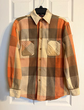 Big Mac Men's M Cotton Flannel Plaid Peach Brown Long Sleeve Button-Up Pockets