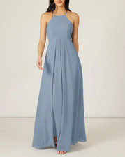 Azazie Sarah Moody Blue Bridesmaid Prom Dress Empire Waist Halter Sz A12 Pleated