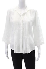 Leggiadro Womens Linen Sheer Pleated Long Sleeve Buttoned Blouse White Size 4