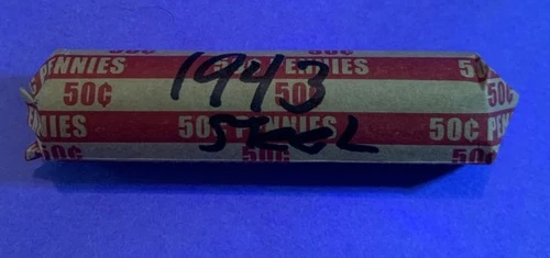 1943 P  Steel  Lincoln Wheat Penny Roll 50 Coins   G-VF