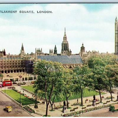 c1930s London, England Parliament Square Big Ben Clock Tower Red Bus Gothic A360