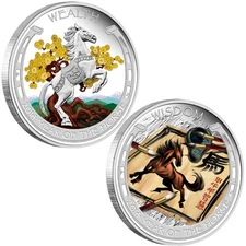 Tuvalu 2014 Good Fortune Lunar Horse 2-coin Set Pure Silver Proof Color Perfect