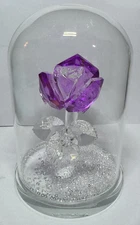 PURPLE & CLEAR CRYSTAL ROSE FLOWER FIGURINE IN GLASS DOME GLASS SPARKLY BEADS
