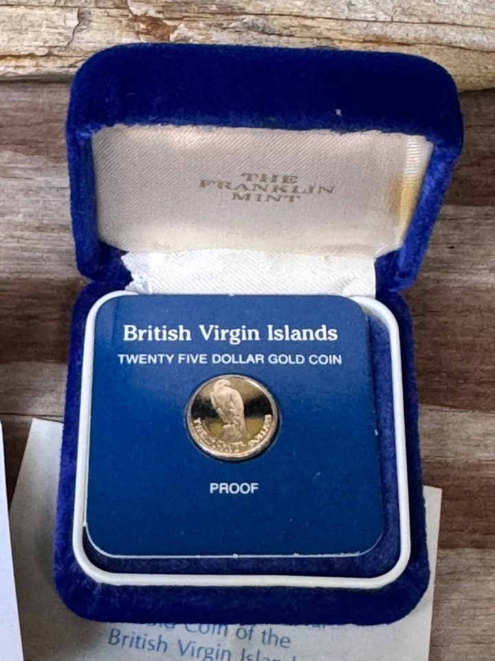 Moneda de oro de 25 dólares de las Islas Vírgenes Británicas prueba de la Casa de la Moneda Franklin certificado de autenticidad 1984 Foto 3 de 4