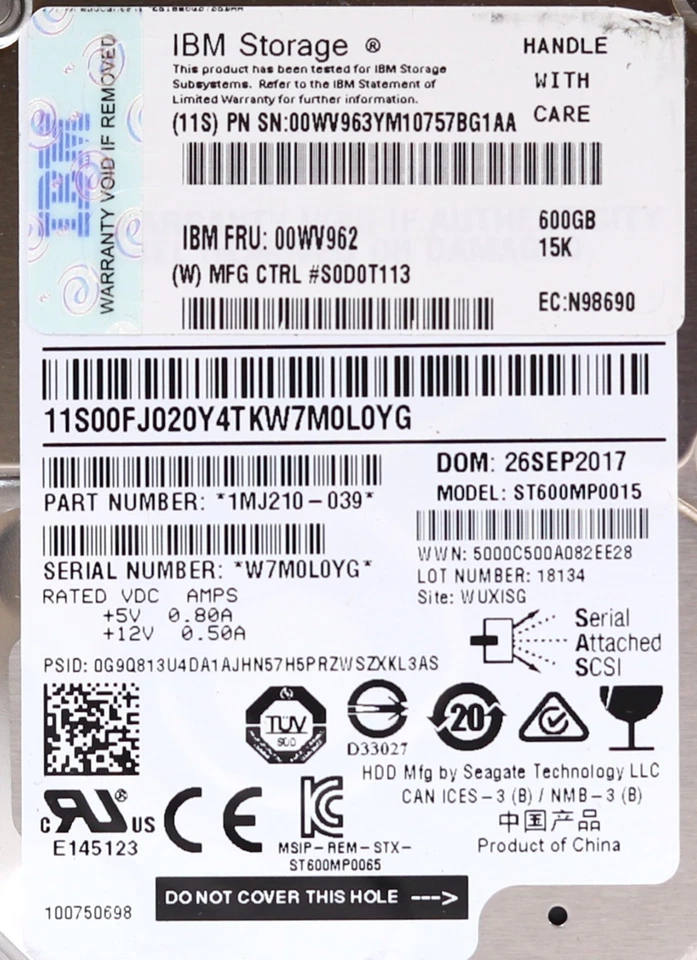 IBM ST600MP0015 600GB 2.5" 6Gb/s 15K RPM SAS Drive FRU P/N: 00WV962 Tested - Image 2 of 2