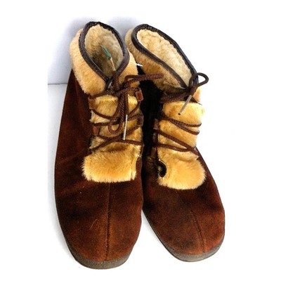 VTG Brown Suede Fur Apres Ski Boots Women's Size 9-9.5 Retro Winter Boho