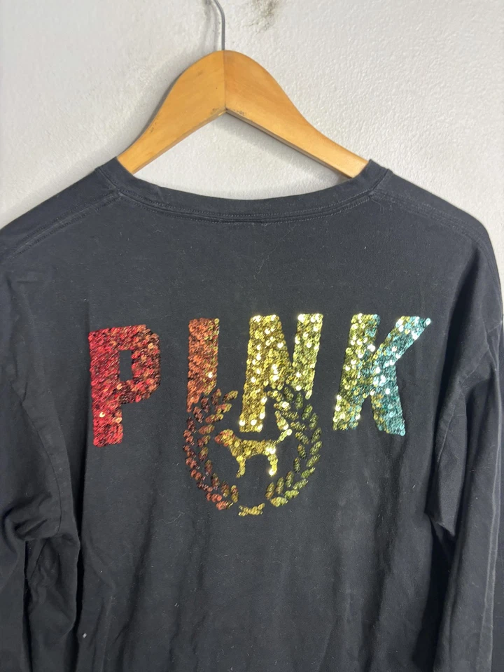 PINK Victoria's Secret Shirt Womens Large Sequin Rainbow Dog Long Sleeve Pullove - Image 2 of 4