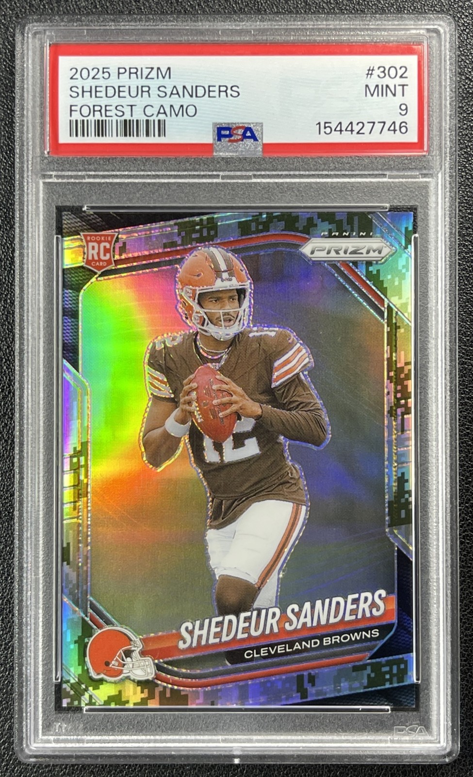 SHEDEUR SANDERS PSA 9 2025 PANINI PRIZM #302 ROOKIE FOREST CAMO RC 5/15 BROWNS view 1
