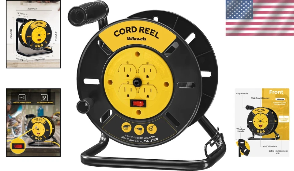 Retractable Extension Cord Reel - 100ft with 4 Outlets & Safety Circuit Breaker - Image 2 of 4
