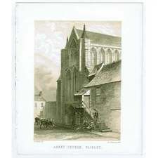 Antique Tinted Lithograph Print c1868 - Abbey Church, Paisley