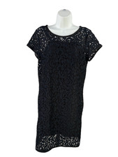 LOFT Women's Black/Blue Lace Lined Cap Sleeve Shift Dress - 8