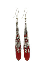Hawaiian Sea Glass Ruby Red Sterling Silver 925 Long Teardrop Earrings 2 7/8"