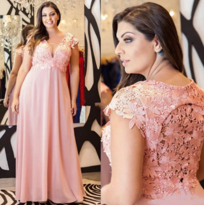Lace Plus Size Prom Dresses Deep V-Neck Beaded Cheap Floor Length Empire Waist