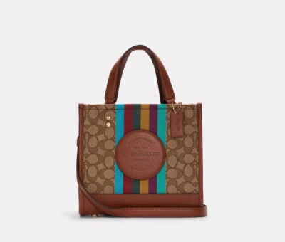 NWT Coach Dempsey Tote 22 In Signature Jacquard Leather Khaki Redwood  Rainbow 🌈 - Main Image