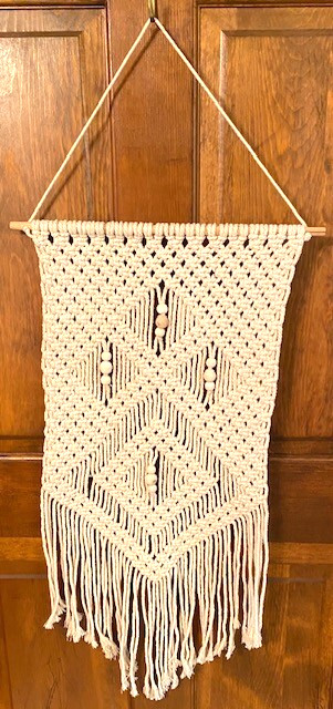 Macramé Beige Knotted String w/Wooden Beads 31" x 13.5" Boho/Hippie Wall Hanging