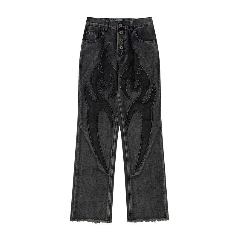 Men Patchwork Embroidery Casual Denim Pants Elastic Waist Men Patchwork Embroidery Casual Denim Pants Elastic Waist