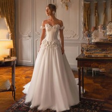 Off Shoulder Lace Wedding Dresses 3D Flowers Pleated Corset Satin Bridal Gowns