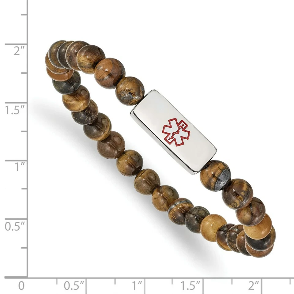 Браслет эластичный из нержавеющей стали полированный медицинский идентификационный тигровый глаз бусина - Изображение 3 из 3