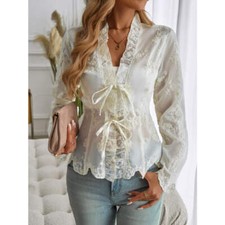 Devine Tied Frill V-Neck Long Sleeve Lace Top