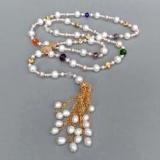 41" White Pearl Long Multi Color Crystal Tassels Necklace Women Strand Gifts