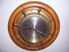 VTG Bell Clock Co. Brass Ships Wheel Case Quartz Clock w/ Oak Frame - Nautical