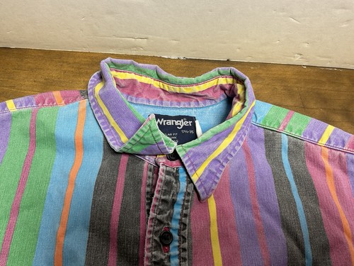 VINTAGE Wrangler Brushpopper Western Shirt X-Long Tails Striped Men 17 1/2-35 - Picture 8 of 13