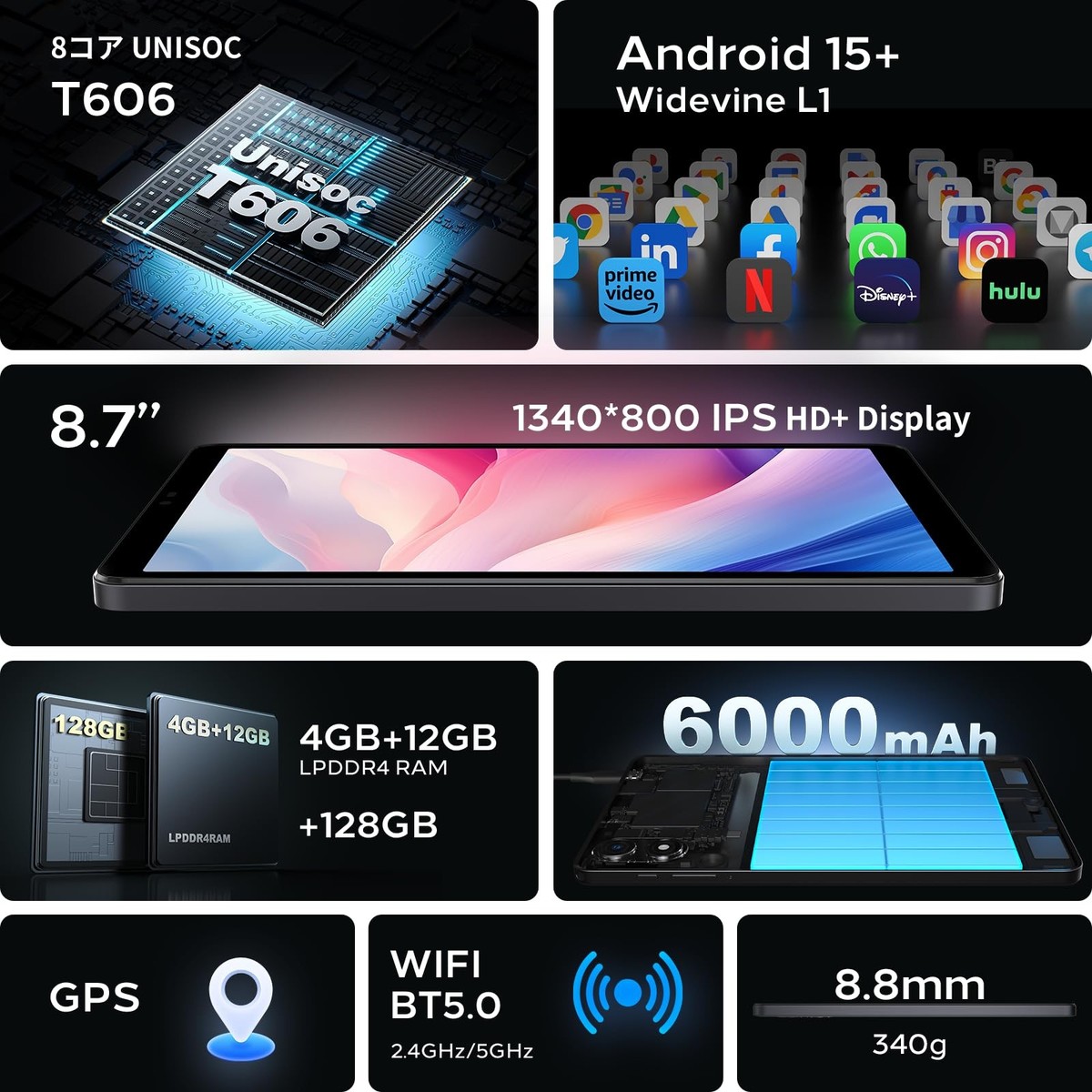 Android 15 Tablet 8.7 inch, Octa Core, 16GB RAM, 128GB ROM