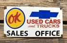 VINTAGE CHEVROLETY OK USED CARS and TRUCKS GAS OIL PUMP STATION PORCELAIN SIGN