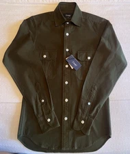 NWT Drakes London Olive Green Brushed Flannel 2 Pocket Work Shirt XS