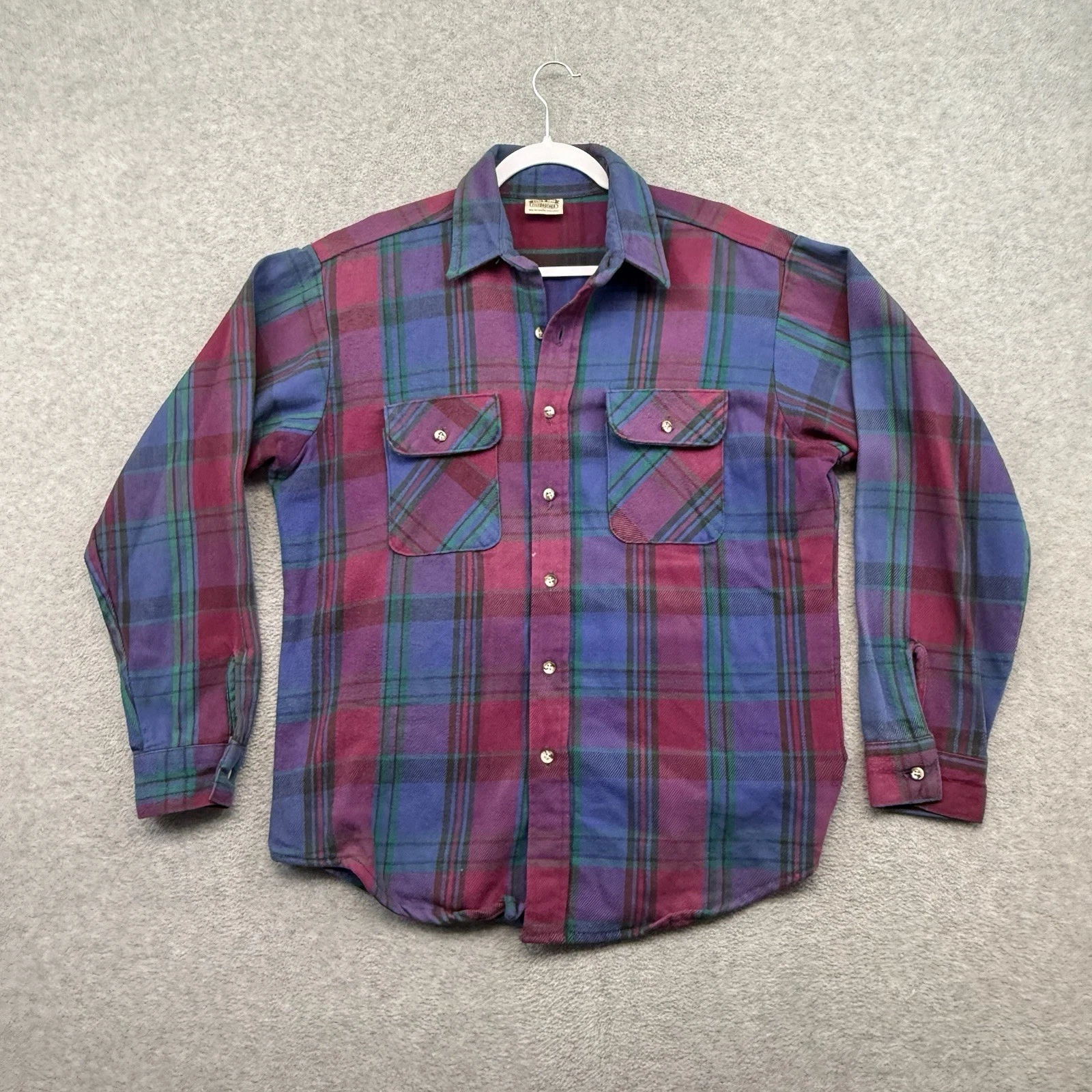 Five Brother Flannel Shirt Men L Purple Plaid Vintage 90s USA Cotton Workwear