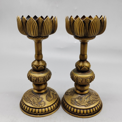 A Pair Chinese Antique Brass Dragon Phoenix Wax Platform Statue