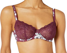 Fantasie Olivia Black Cherry Bra 30F Underwired Semi Sheer Lace Burgundy Floral