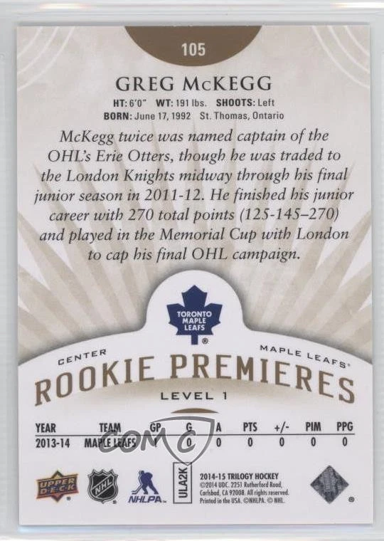 2014-15 Upper Deck Trilogy Level 1 Premieres /799 Greg McKegg #105 Rookie RC - Image 2 of 2
